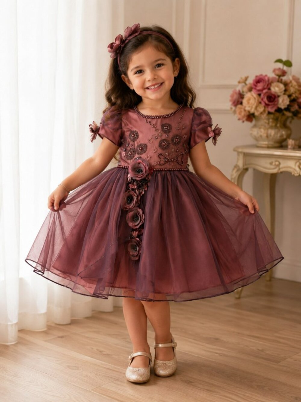 NWT Girls Rust Floral Party Dress Tulle Rosettes Special Occasion
